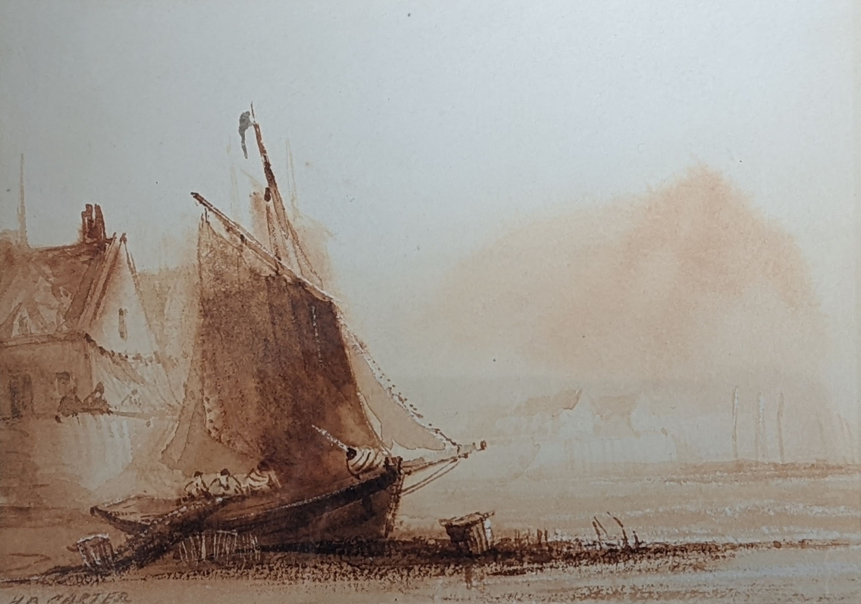 Henry Barlow Carter, (1803-1867), ‘Sailing Vessel on a Beach’, framed sepia watercolour, signed. 11x16cm